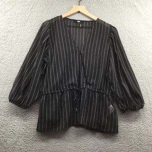 DKNY Chiffon Striped Tie-Waist Blouse Black M - Picture 1 of 3