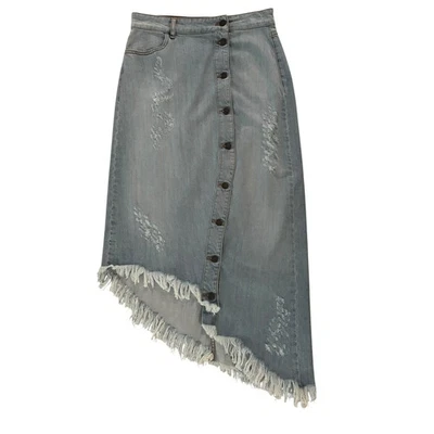 Retroféte Skirt Small Denim Button Midi Jeans Asymmetrical Distressed Fringe Hem - Image 1 of 4