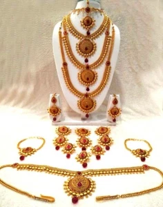 South Indian /Pakistani /Asian Bridal Jewellery Ethnic Plated Gold Necklace Set  - Picture 1 of 2