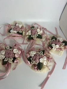 Vintage rosa Blumenstrauß Band Perle Spitze Ornament 5er Set Hochzeitsdekor - Bild 1 von 6