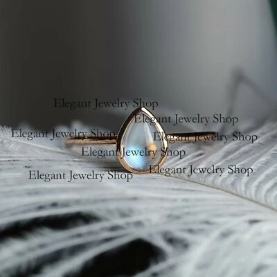 Anillo de compromiso de piedra lunar en forma de pera oro rosa de 14 k joyería hecha a mano  Foto 1 de 4
