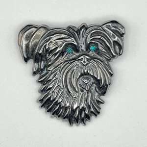 Vintage Dog Head Brooch Pin Silver Pewter Tone Terrier Yorkie with Green Eyes - Picture 1 of 4