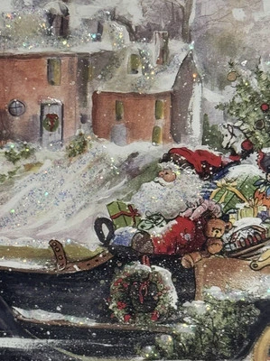 Peggy Abram’s Roadster Santa Gold Framed Glass Print Matted Glitter Signed - Image 1 of 4