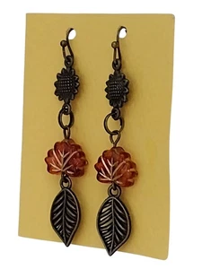 Handcrafted SUNFLOWER LEAF Dangle Earrings Women HYPOALLERGENIC LOOPS + STOPPERS - Picture 1 of 24