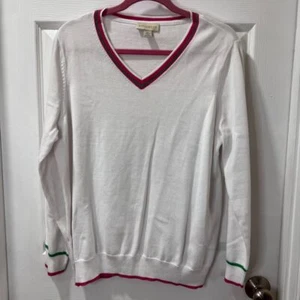 Appleseed's White V-Neck Sweater with Pink & Green Trim Detail XL Classic Preppy - Picture 1 of 6