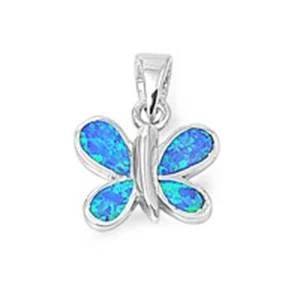 Cute Sparkly Butterfly Pendant Blue Simulated Opal .925 Sterling Silver Charm - Picture 1 of 2