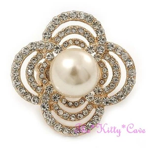 Big Stylised Simulated Pearl Flower Cocktail Gold Plt Ring w/ Swarovski Crystals - Picture 1 of 9