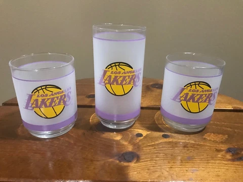 Vintage Los Angeles LA Lakers Frosted Glasses 1980's Mobile Gas lot of 3 Cover