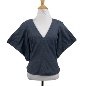 French Connection Top Womens 2 Blue Chambray Cotton Flare Sleeve V Neck Cropped - Picture 1 of 11