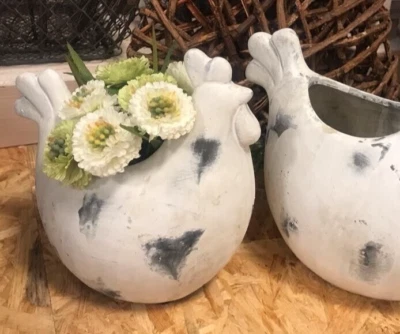 Vase "Huhn" Terracotta Hühner Hahn Henne Deko grau antikweiß Dekovase NEU - Bild 1 von 3