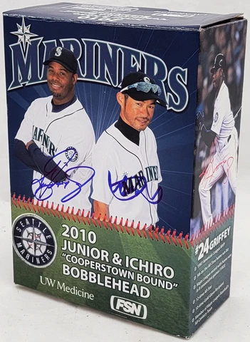 Griffey Jr. & Ichiro Suzuki Auto 2010 Stadium Bobblehead Signed On Box Beckett Cover