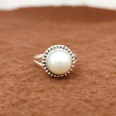 Naturale Perla D'Acqua Dolce Anello 925 Sterling Argento Vintage Artigianale - Immagine 1 di 4