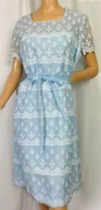 Vintage 1950s Baby Blue Garden Party Dress Lacy Floral Embroidery Summer Sheath - Picture 1 of 8