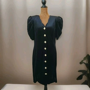 Vintage 80er Jahre schwarz Samt Kleid Puffärmel Perlen Knopf Gothic Party Größe 5 USA - Bild 1 von 10