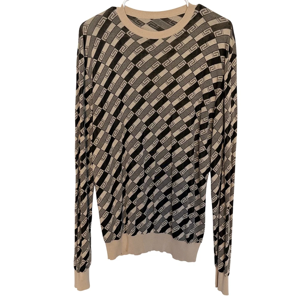 Gianni Versace All Over Logo Print Long Sleeve Sweater Top Beige Black Size 50 L - Image 1 of 4