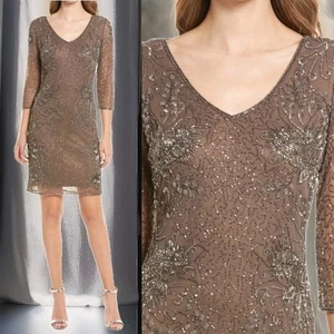 NWT Nordstrom Pisarro Nights Beaded V Neck Cocktail Midi Dress Brown Sz 12 Party - Picture 1 of 24
