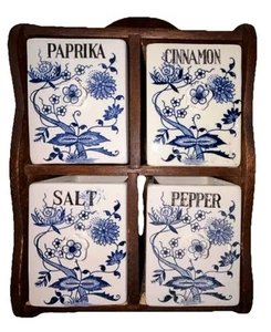 Spice Set Ceramic Blue Set Of Four With Shelf 10x7 Each Jar Is 4x3x3 Approximate - Picture 1 of 16