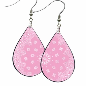 Pink & White Bandana Print Earrings Teardrop NO TARNISH Wood Summer Fun Jewelry - Picture 1 of 7