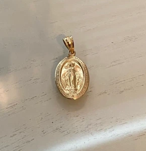 14k Yellow Gold Dainty Miraculous Medal Mother Mary Pendant Charm - Picture 1 of 5