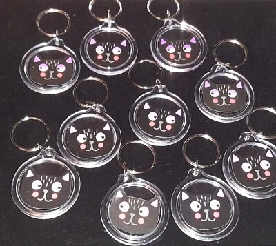 10x Black Cat keyrings / bag charms, Cute Kitty Face design, kids party favours - Image 1 of 4