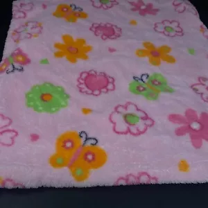 Carters Pink Baby Blanket Green Orange Flowers Butterflies Fleece Lovey Security - Picture 1 of 3