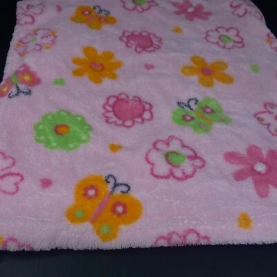 Carters Pink Baby Blanket Green Orange Flowers Butterflies Fleece Lovey Security - Image 1 of 3