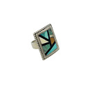 Zuni Style Sterling Silver Mosaic Inlay Turquoise Large Square Ring Sz 5.5