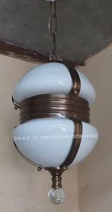 OLD ANTIQUE VINTAGE ART DECO FIXTURE CEILING BRASS HANGING LIGHT MILK GLASS LAMP - Picture 1 of 6