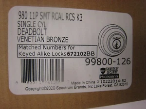 1 Kwikset 99800-126 Single Cyl. Deadbolt Venetian Bronze 980 11P SMT Smart Key - Picture 1 of 3