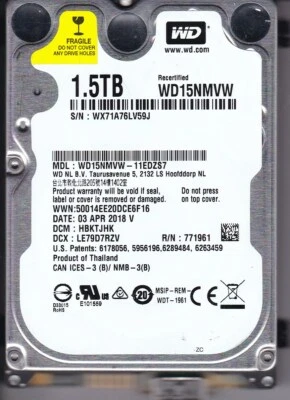 Western Digital WD15NMVW-11EDZS7 dcm:HBKTJHK sn:WX71A  APR/2018 1.5TB USB 3 3806 - Image 1 of 2