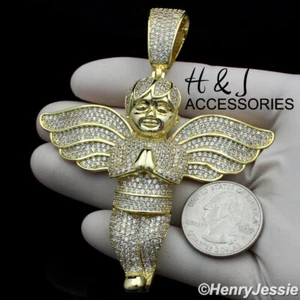 MEN 14K GOLD PLATED ICY BLING CZ OVERSIZE 3D SILVER ANGEL WING PENDANT*ABP3 - Picture 1 of 4
