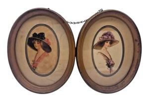 Antique Double Joined Hinge Frame Portrait 1900s Gibson Girl Lady Romantic Decor - Picture 1 of 16