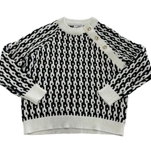 Derek Lam Sweater Womens X Small Black White Geometric Knit Button Shoulder - Picture 1 of 11