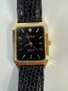 Benrus Tank Diamond Watch Women 27mm Gold Tone Black Leather Band New Battery - Picture 1 of 4