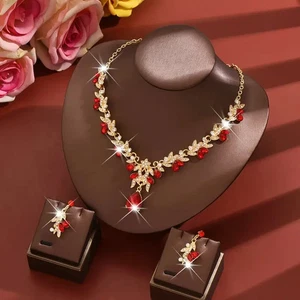 18K Gold Plated Red & White Zirconia Flower Design Necklace & Earrings Set - Picture 1 of 4