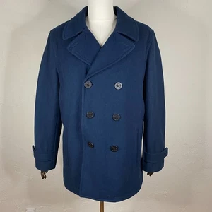 Lands End Pea Coat Mens Large Navy Naval Wool Blend Double Breasted Fisherman - Picture 1 of 11