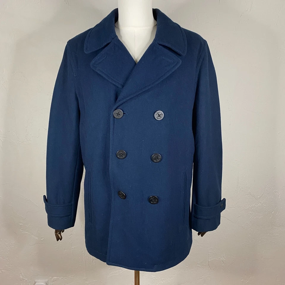 Lands End Pea Coat Mens Large Navy Naval Wool Blend Double Breasted Fisherman - Image 1 of 4