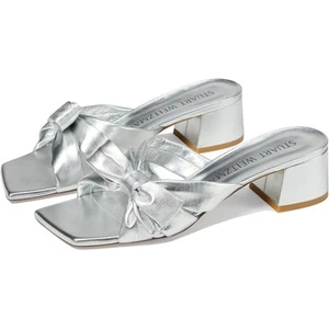 Stuart Weitzman Womens Sofia 45 Slide High Heels Size 6 Silver Leather Bow NIB - Picture 1 of 14
