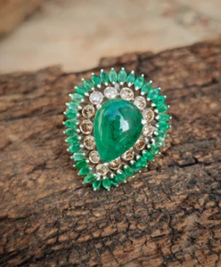 Natural Emerald & Brilliant Cut Diamond Ring Zambian Emerald Ring Handmade Ring - Picture 1 of 8
