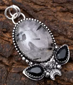 Natural Black Rutile Gemstone 925 Sterling Silver Handmade Jewelry Pendant - Picture 1 of 7
