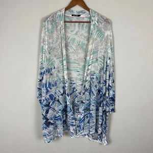 Nic+ Zoe Cardigan Sweater Womens 3X Blue White Linen Bl Open Knit Coastal Beach - Picture 1 of 11