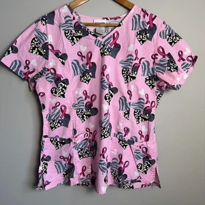 Scrubstar Women's Short Sleeve V-Neck Scrub Top Pink Ribbon and Hearts Large - Picture 1 of 11
