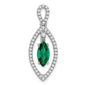 14K White Gold Lab Grown Diamond and Lab Created Emerald Chain Slide Pendant - Picture 1 of 4