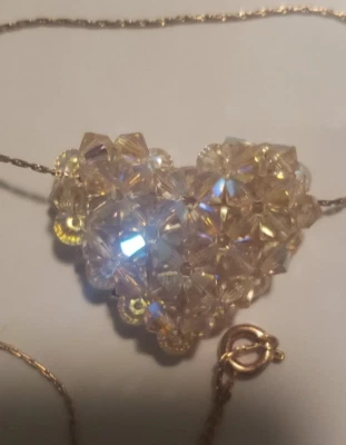 Pink Swarovski Crystal Puffy Heart Necklace 14k Gold Plated Chain Handcrafted - Image 1 of 4