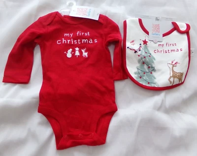 NWT-Carter's Just One You My First Christmas Bodysuit & Bib-Size 3 Month/Mo/M - Image 1 of 4