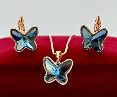 Luxus Schmetterlinge Schmuckset Crystal Kristalle 18K Gold vergoldet Etui Damen - Bild 1 von 4