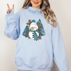 Snowman Christmas Tree Leopard Print Winter Sweatshirt Hoodie Women Plus Size - Picture 1 of 11