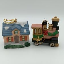 Russ Berrie Co Christmas 2" Ornament Porcelain Train Unbranded House set of 2