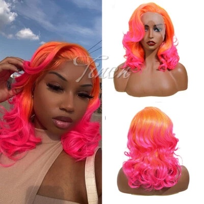 Peluca frontal de encaje sintético naranja ombre rosa intenso rizos drag queen pelucas bob cortas Foto 1 de 4