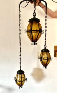 Vintage AMBER Glass & Iron Hanging Swag Lamp Retro 3 Globes MCM Spanish Gothic - Picture 1 of 15